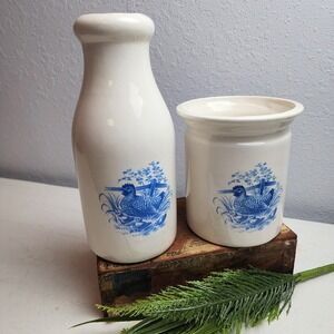 Vintage Ceramic Hen Canister with Milk Bottle, Blue Hen with Chicks, Kitchen‎